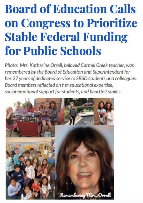 Board Bulletin header and photo of Mrs. Katherine Orrell, beloved Carmel Creek teacher Board Bulletin header and photo of Mrs. Katherine Orrell, beloved Carmel Creek teacher